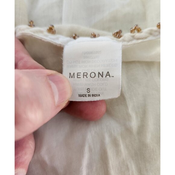 Merona Womens Yellow & White Sheer 3/4 Sleeve Blouse With Beaded V-Neck - Picture 3 of 4